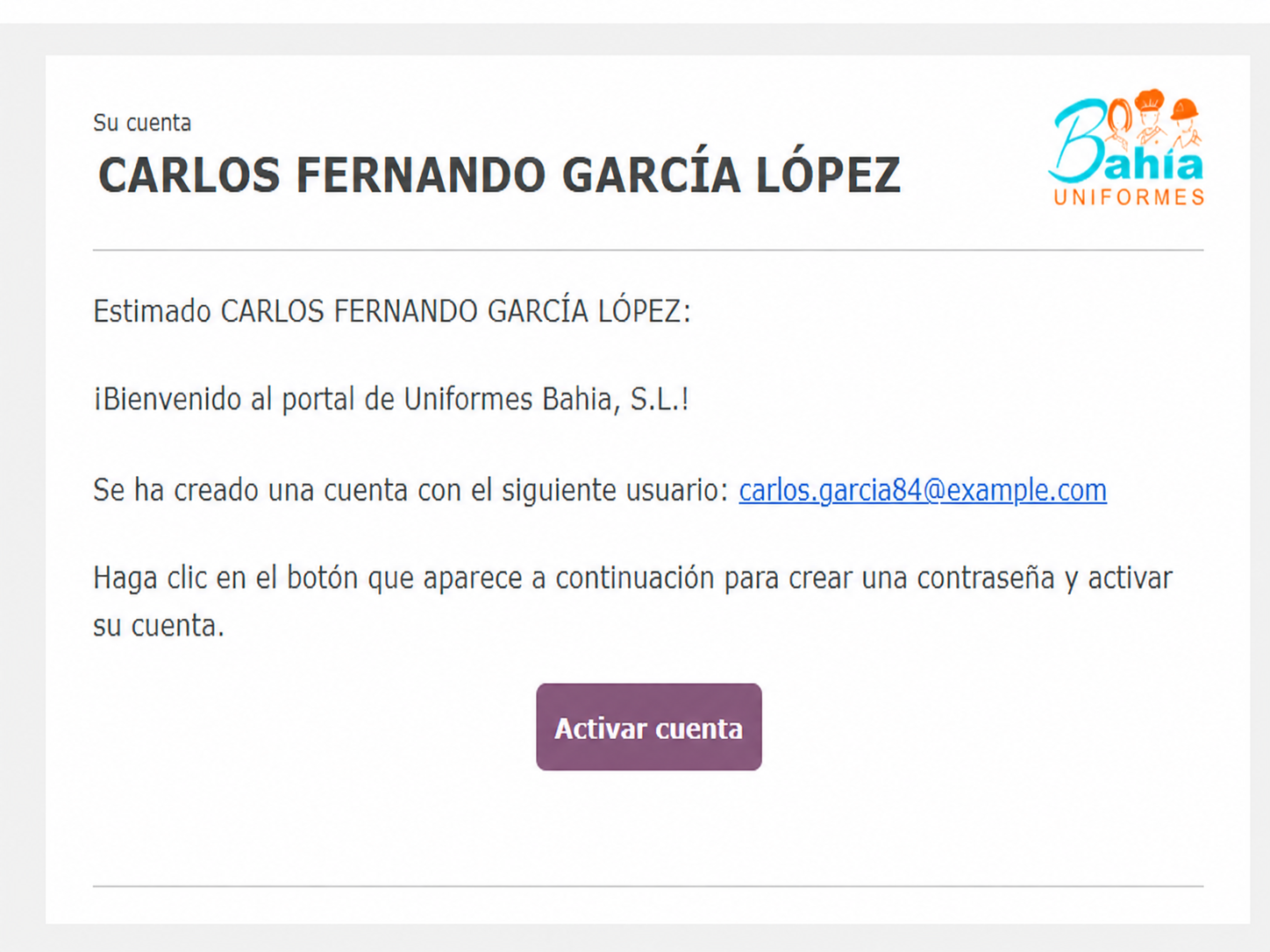 Correo de bienvenida al portal de Uniformes Bahía