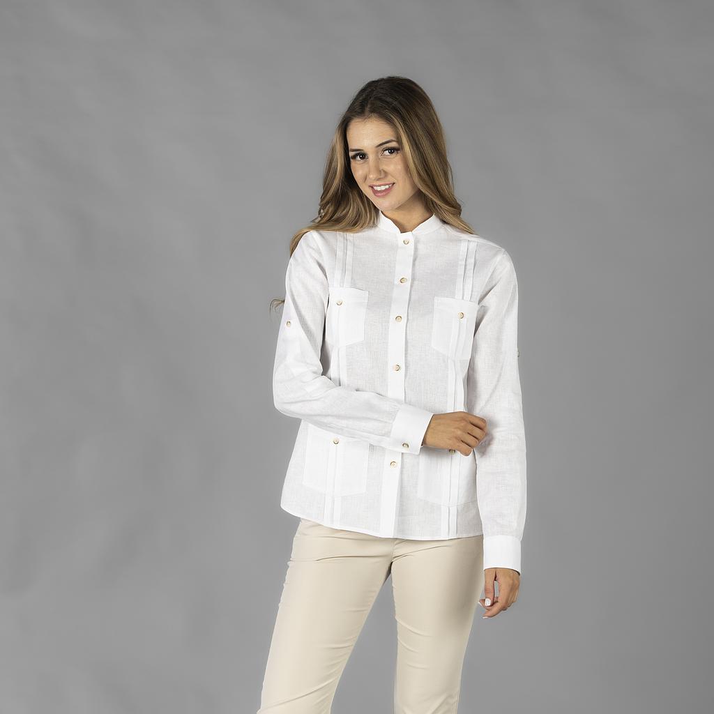 [210013-101-XS] BLUSA GUAYABERA MUJER MAO M/LARGA 55% LINO 45% ALGODON ISABELA 4 BOLSILLOS (XS, 101 BLANCO)