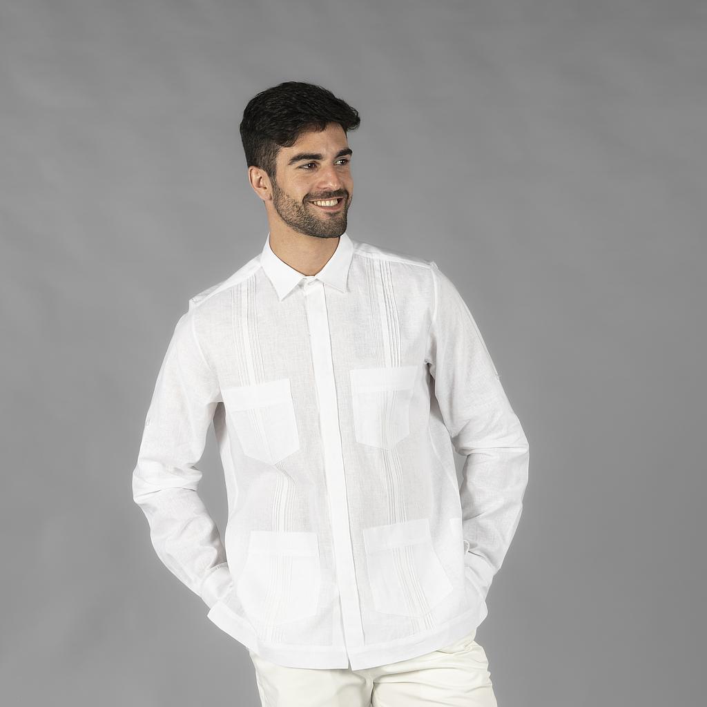 [210005-101-S] CAMISA GUAYABERA HOMBRE M/LARGA 55% LINO 45% ALGODON SALOMON 4 BOLSILLOS (S, 101 BLANCO)