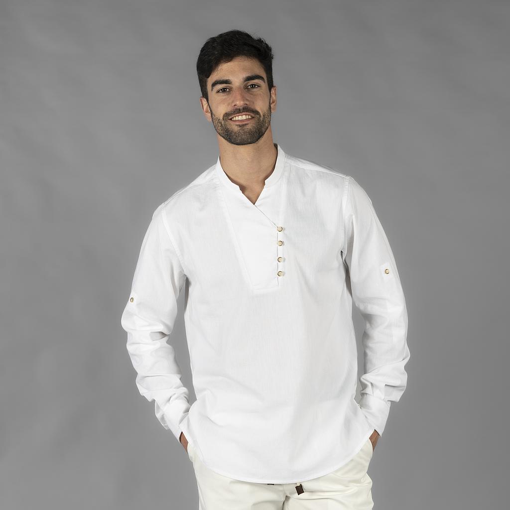 [210009-101-S] CAMISA M/L CERRADA 4 BOTONES EN CUELLO MAHO RECOGE MANGA NIAS CHAMBRAY 80%ALGODON 20% POLI (S, 101 BLANCO)