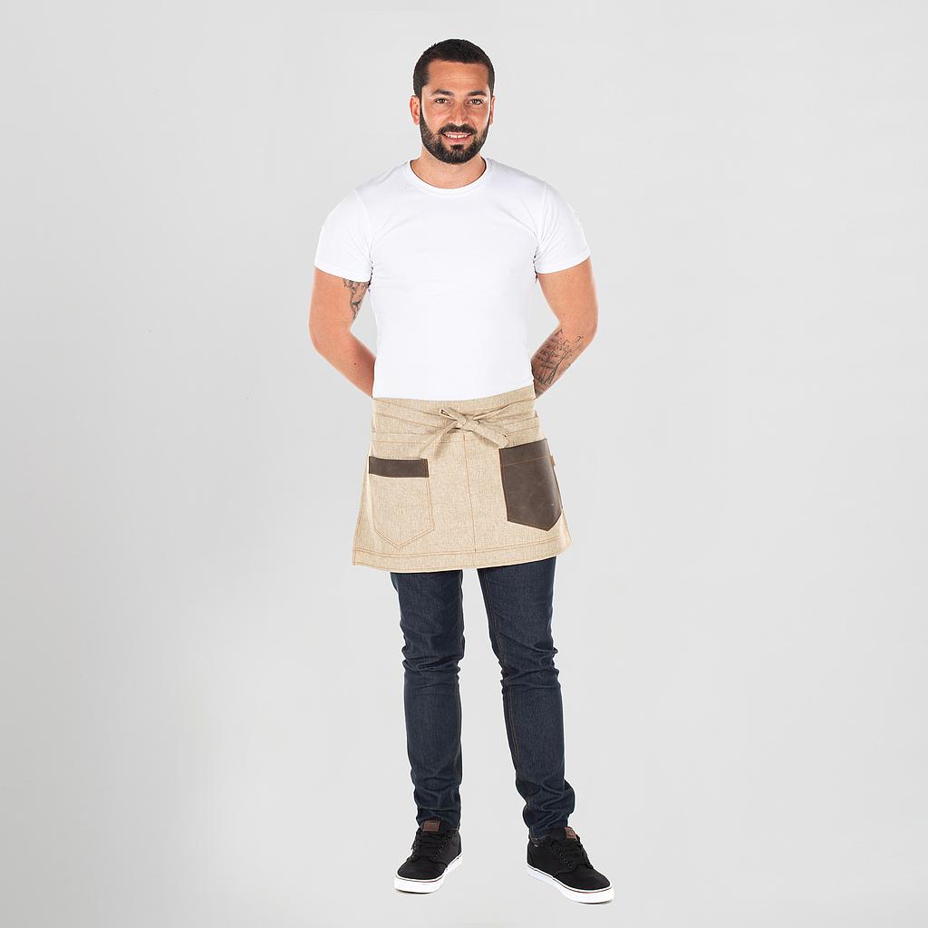 DELANTAL CORTO 100%POLIESTER  BOLSILLO MARRON POLIPIEL 38X65