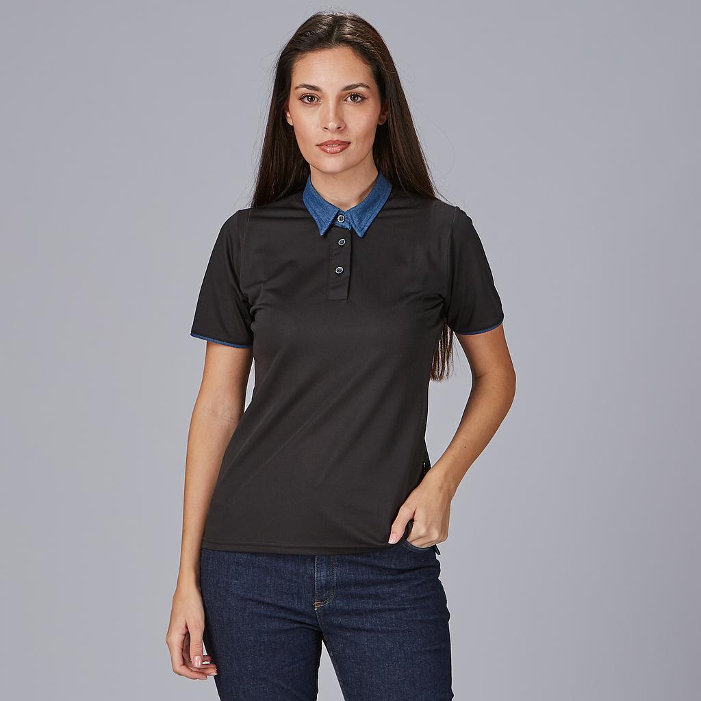 [852900-001-XS] POLO SRA CUELLO CAMISERO TEJANO TAPETA BOTON CLIP COOLMAX 100% POL (XS, 1 NEGRO)