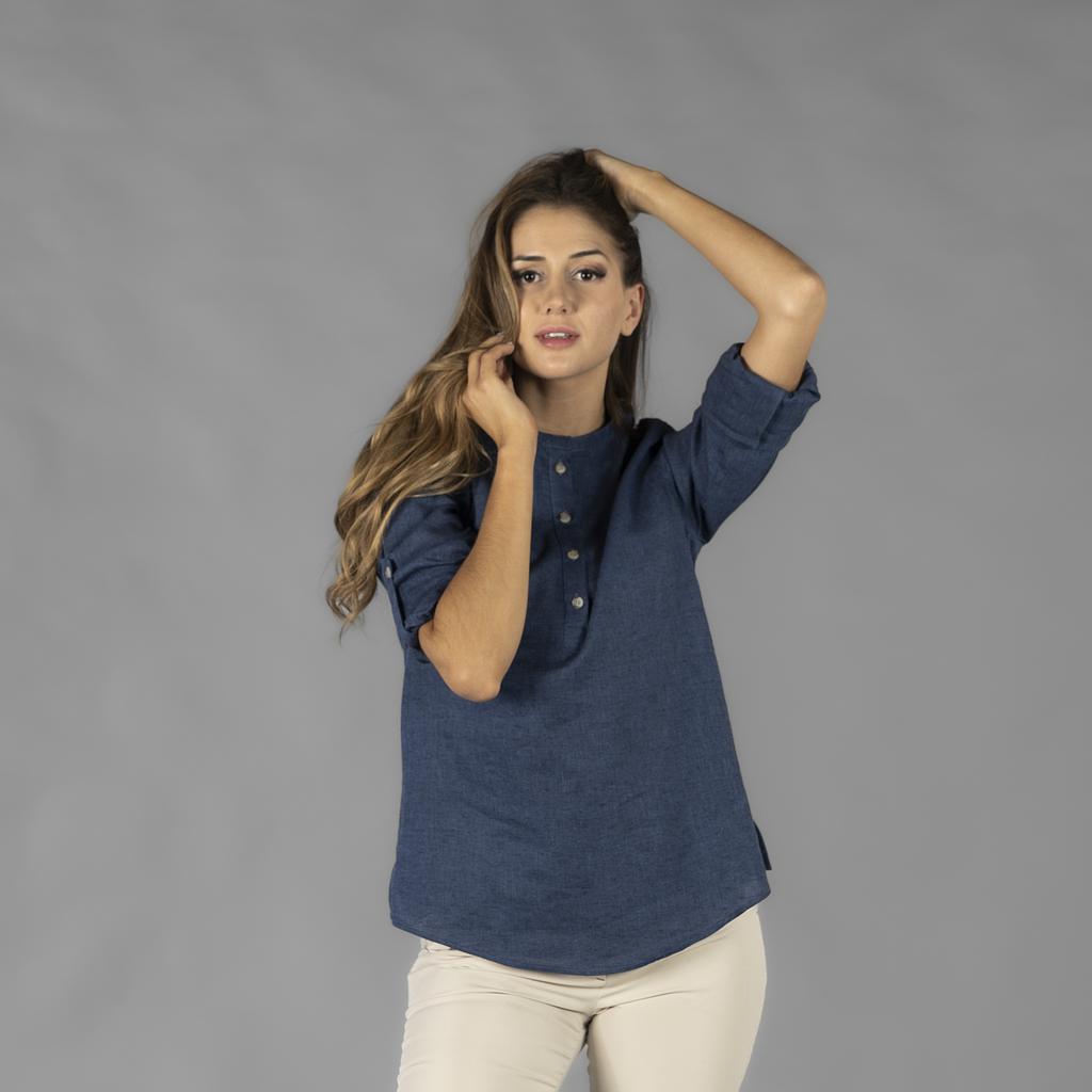 [210006-104-XS] BLUSA  POLO SRA ENTALLADA MAHO M/L 55% LINO 45% ALGODON 4 BOTONES KAULA (XS, 104 MARINO)