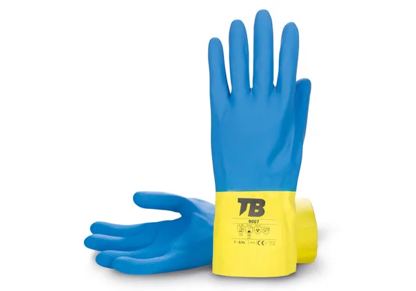 Guante químico latex azul amarillo flocado 9007