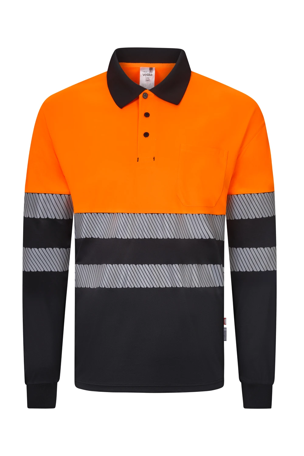 [305535_00/19_XS] POLO M/LARGA ALTA VISIBILIDAD BANDAS SEGMENTADA VELILLA 305535 (XS, 00/19 NEGRO/NARANJA FLÚOR)